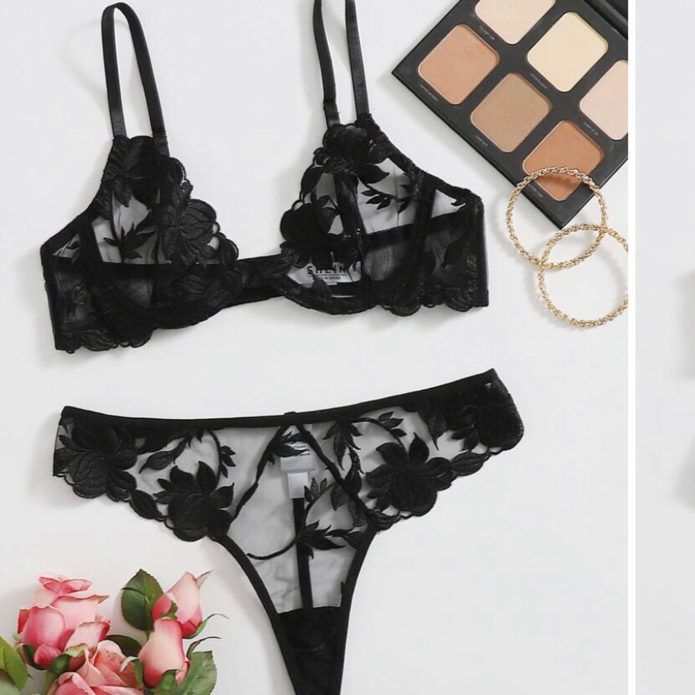 Floral Embroidered Mesh Underwire Lingerie Set